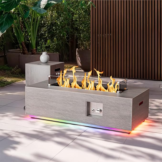 42 inch Propane Fire Pit Table, 2 in 1 Outdoor Fire Pit with 20lb Tank Cover, Outside Patio Deck and Garden, LED Gas Fireplace Table with Lid and Stone, 50,000 BTU Adjustable Flame, Grey