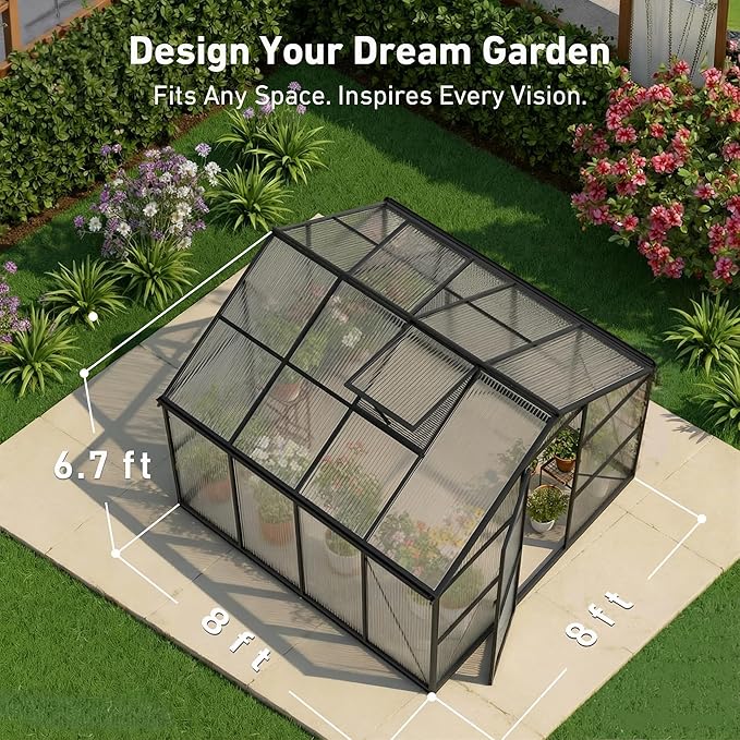 Sturdy 8x8 FT Outdoor Greenhouse Kit, Walk-in Aluminum Greenhouse with Sliding Door & Screened Vent Window for Ventilation, for Backyard, Garden, Vegetables & Flowers, Black