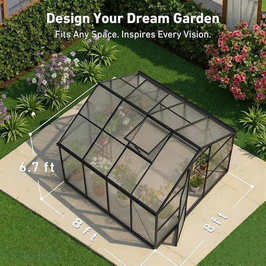 Sturdy 8x8 FT Outdoor Greenhouse Kit, Walk-in Aluminum Greenhouse with Sliding Door & Screened Vent Window for Ventilation, for Backyard, Garden, Vegetables & Flowers, Black