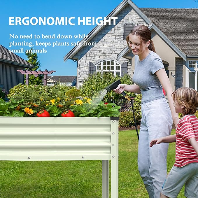 Galvanized Raised Garden Bed with Legs, 48" W x 24" D x 32" H Large Metal Elevated Raised Planter Box with Drainage Gaps for Backyard, Patio, Balcony, 507lbs Capacity, Beige