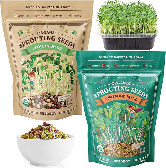 Seedboy Organic Non-GMO Sprouting Seeds, Superfood & Protein Blend – 2 Pack Bundle – USA Grown Sprouting & Microgreens Seeds – Two 8 oz Bags Makes 12 Quarts / 36 Servings (Superfood/Protein)
