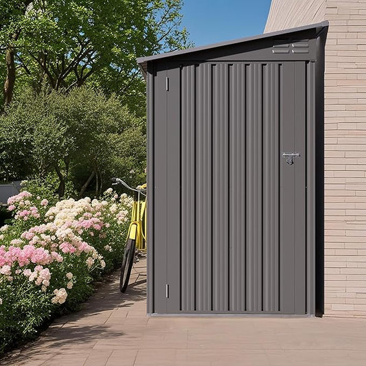 4x9 FT Outdoor Storage Shed,Lean to Metal Shed W/Window,All Weather Waterproof Garden Storage Shed W/ 6 Air Vents & 1 Lockable Door,Weatherproof Tool House W/Sloped Roof,for Lawn,Gray