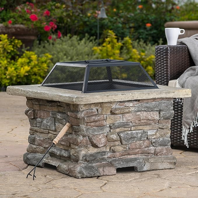 Outdoor Fire Pit Table, 28.5 Inch Wood Burning Fire Pit for Patio with Spark Screen, Fire Poker, MGO Square Fireplace for Camping, Garden, Backyard, Bonfire Party, Stone Gray