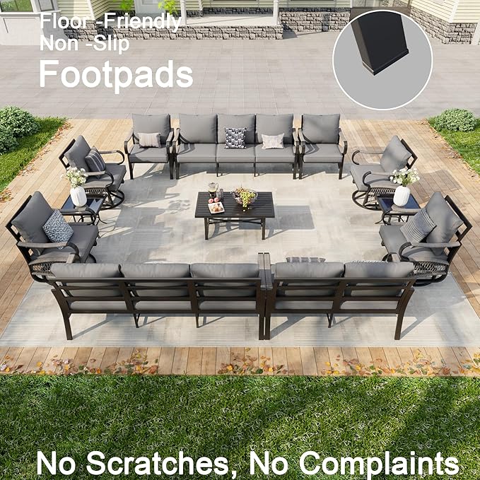 12-Piece Patio Conversation Sets, All Weather Metal Outdoor Furniture Set Includes 2 Three-Seater 4 Swivel Rockers with 2 Side Tables 1 Loveseat with Coffee Table 2 Single Chairs for Deck Porch, Gray