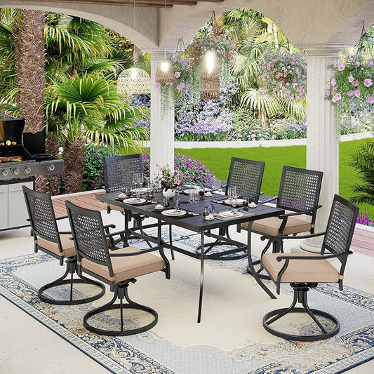 MFSTUDIO Metal Patio Dining Sets for 6, Rectangular Metal Table with Umbrella Hole and 6 Swivel Chairs (Cushion Included), 7 Piece Outdoor Furniture Set, Black