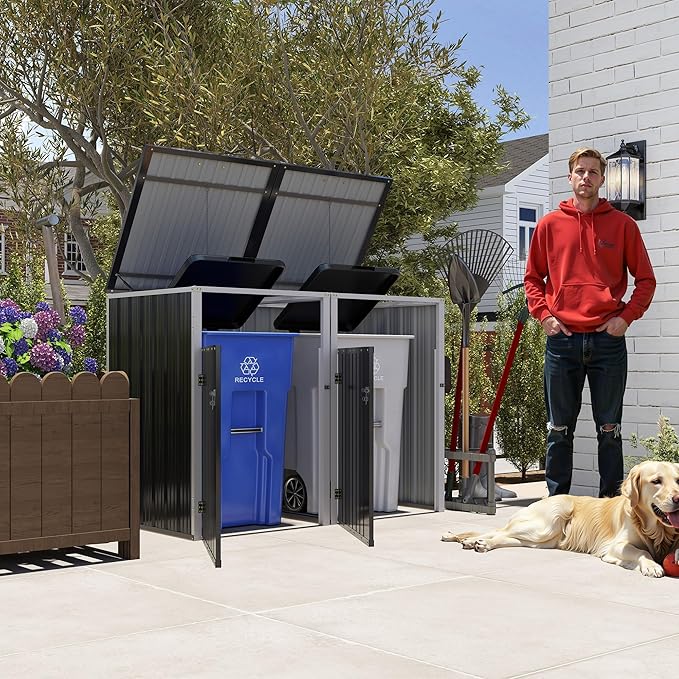 Outdoor Storage Shed Metal Trash Can Storage,54 Cu.Ft Garbage Can Storage Shed W/Lid Chain,Hydraulic Mechanism & Pneumatic Spring Support Rods,for 2 Trash Bins,Bike,Garden Tools,Dark Gray