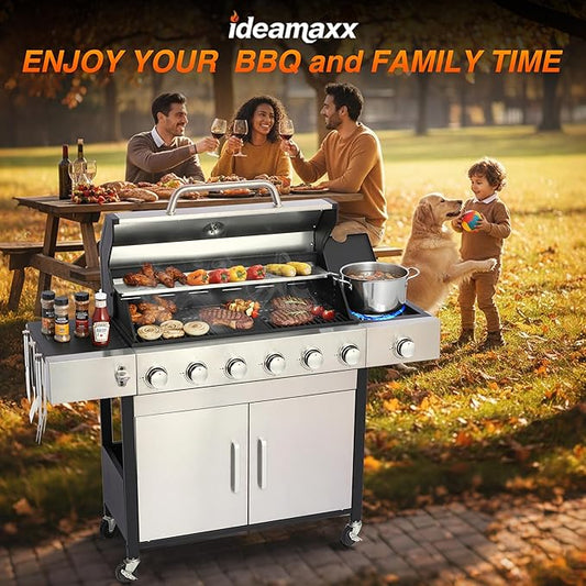 6-Burner Propane Grill - 65850 BTU BBQ with Side Burner | Porcelain Cast Iron Grates | Stainless Steel Outdoor Grill for Backyard, Camping, Tailgating (Fast Heating & Easy Clean)