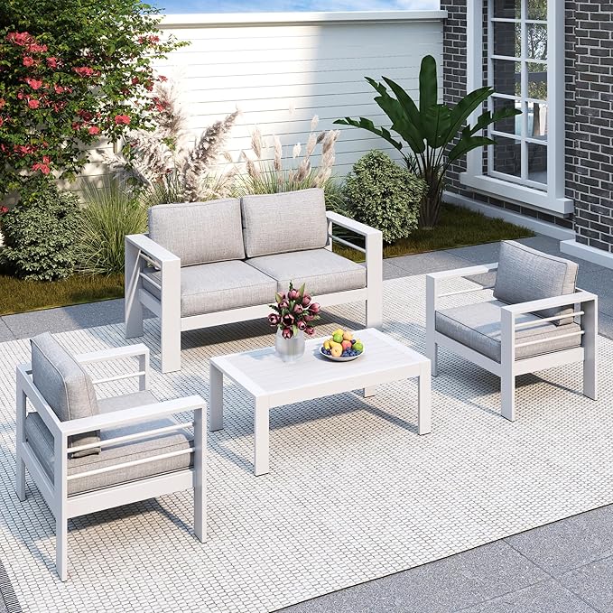 Solaste Outdoor Aluminum Furniture Set - 4 Pieces Patio Sectional Chat Sofa Conversation Set with Table,White