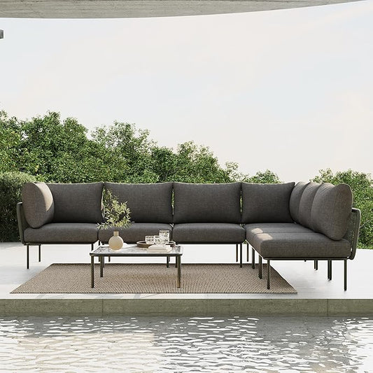 7 Piece Modern Outdoor Rope Wicker Sectional Patio L-Shaped Conversation Sofa Set Deep Seating with Thick Cushions