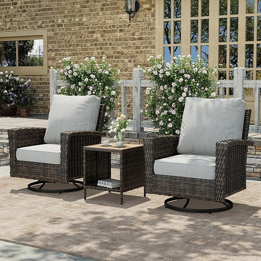 HERA'S HOUSE Outdoor Deck Furniture, High Back Wicker Patio Swivel Chairs with Rattan Table for Porch Balcony Lawn Garden, Grey