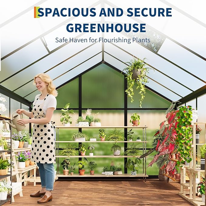 6X10 FT Greenhouse for Outdoors, Polycarbonate Greenhouse with Roof Vent, Ground Nails, Lockable Push Door, Aluminum Large Walk-in Green House for Outside Garden Backyard, Patio, Lawn, Black