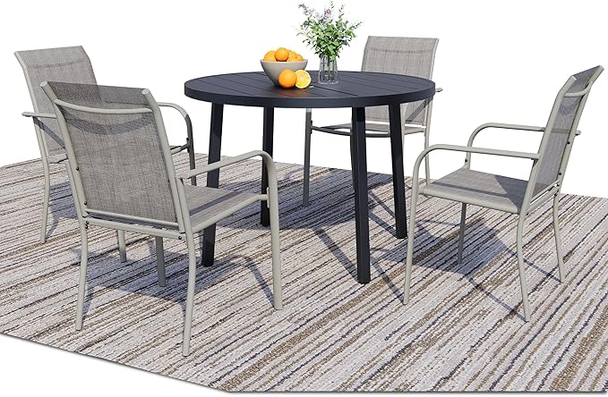 5 Pieces Patio Dining Set for 4, Grey Patio Stackable Chairs and Black Round Table Set of 4, Outdoor Furniture Set with Sling Support for Outside, Garden