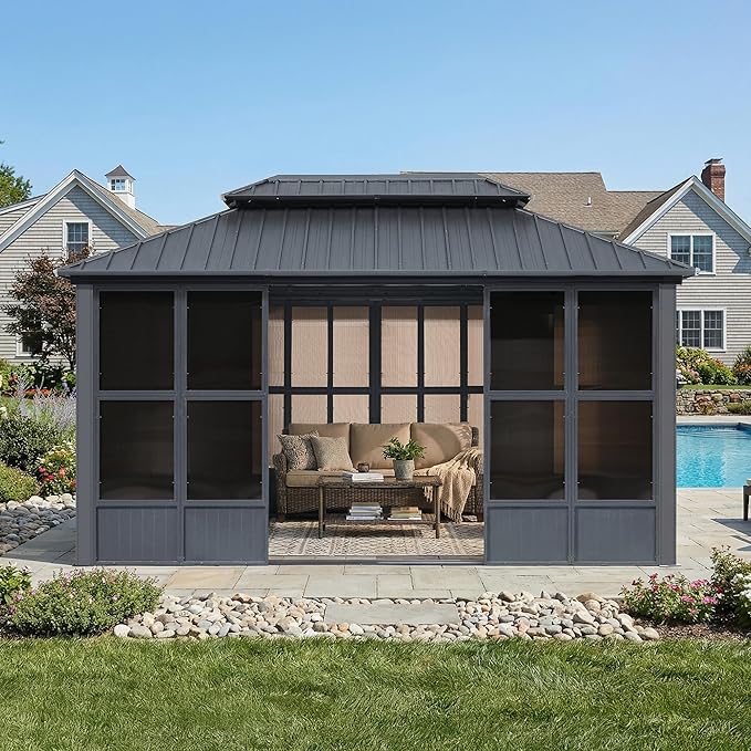 PURPLE LEAF 10' X 15' Enclosed Gazebo Outdoor Sunroom Solarium Permanent Hardtop Screened Gazebo Galvanized Steel Double Roof Aluminum Patio Enclosure for Lawn Deck Backyard Grey
