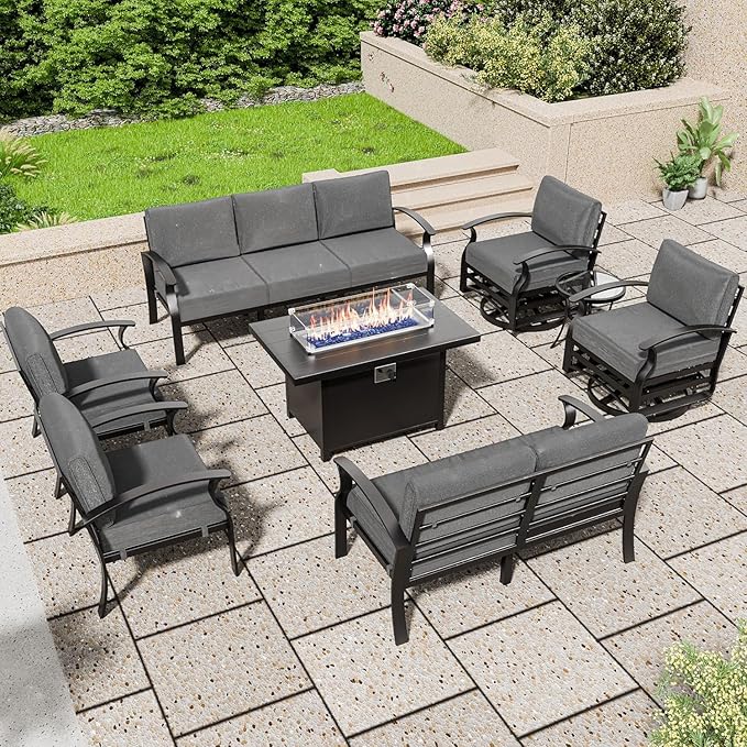 Aluminum Patio Furniture Set with Fire Pit Table, 9 Seats Outdoor Patio Conversation Set with Swivel Chair Modern Metal Patio Sectional Sofa with Upgrade Cushions for Patio, Backyard (Grey)