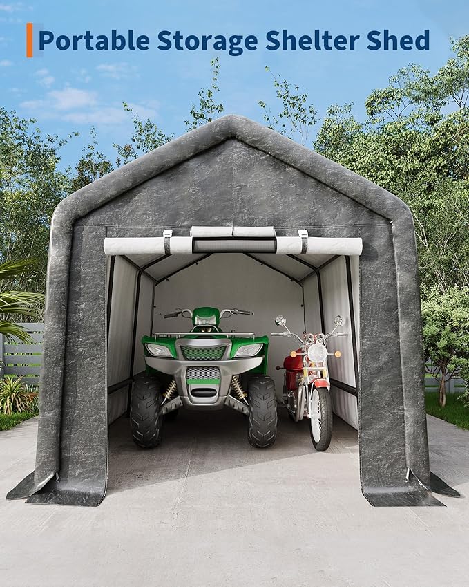 7X15 FT Heavy-Duty Portable Outdoor Storage Shed with Roll-Up Zipper Door & Vent, 240g Waterproof Carport Storage Shelter, UV-Resistant Canopy for Motorcycle, Firewood, Tools -Gray ﻿