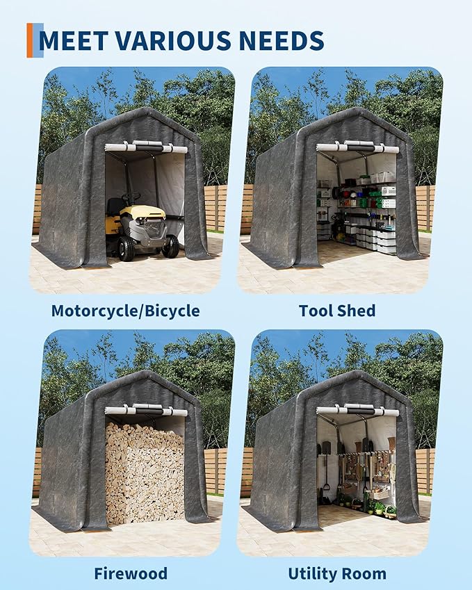 7X12 FT Heavy-Duty Portable Outdoor Storage Shed with Roll-Up Zipper Door & Vent, 240g Waterproof Carport Storage Shelter, UV-Resistant Canopy for Motorcycle, Firewood, Tools -Gray ﻿
