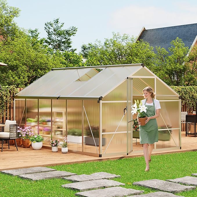8x12 ft Greenhouse for Outdoors, Polycarbonate Greenhouse with Roof Vent, Ground Nails, Lockable Push Door, Aluminum Large Walk-in Green House for Outside Garden Backyard, Patio, Lawn, Silver
