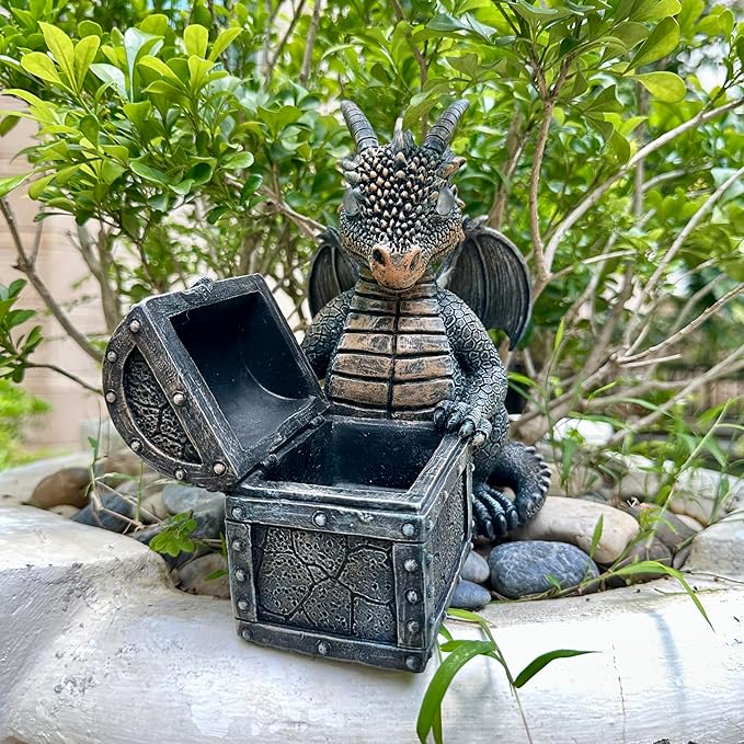 Jy.Cozy Garden Dragon Statue Solar Powered Outdoor Figurine Light Decor Cute and Hold Glowing Treasure Chest Resin Sculpture Home Decoration for Porch Patio Lawn Farm Yard Housewarming Ornament Gift