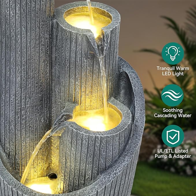 Autodaya 31" Modern Outdoor Water Fountain with LED Lights, 5-Tier Twist Pedestal Bowl Garden Fountain, Cascading Waterfall for Relaxing Garden, Patio, Backyard, Deck, Porch or Home Decor