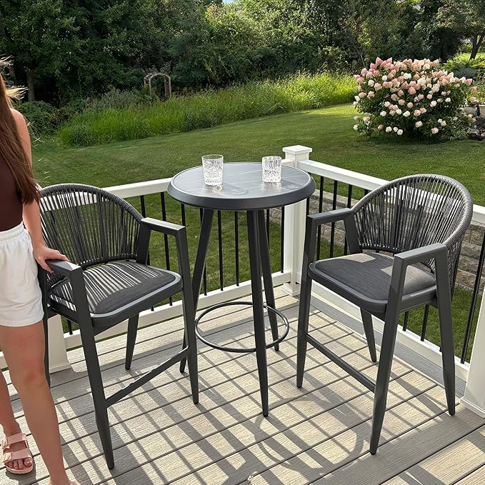 PURPLE LEAF Outdoor Bar Stools Set of 3 Wicker Bar Stools Woven Bar Height Stool Bar Chairs Aluminum Barstool with Table for Patio Kitchen Island Lawn Grey