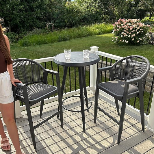 PURPLE LEAF Outdoor Bar Stools Set of 3 Wicker Bar Stools Woven Bar Height Stool Bar Chairs Aluminum Barstool with Table for Patio Kitchen Island Lawn Grey