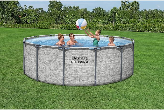 Bestway Steel Pro MAX 14' x 48" Above Ground Pool, Round Metal Frame Outdoor Swimming Pool Set with Filter Pump, Ladder, and Cover, Gray Stone Print