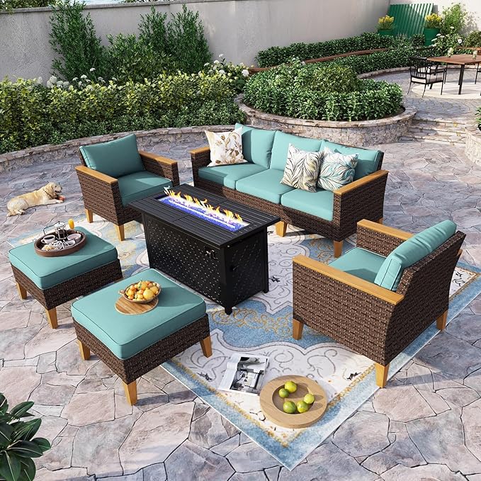 Sophia & William Patio Furniture Set with Fire Pit Table, 8 Piece Outdoor Wicker Conversation Set, Large Rattan Sectional Sofa with Ottoman & 45" Fire Pit Table(Aqua Blue)