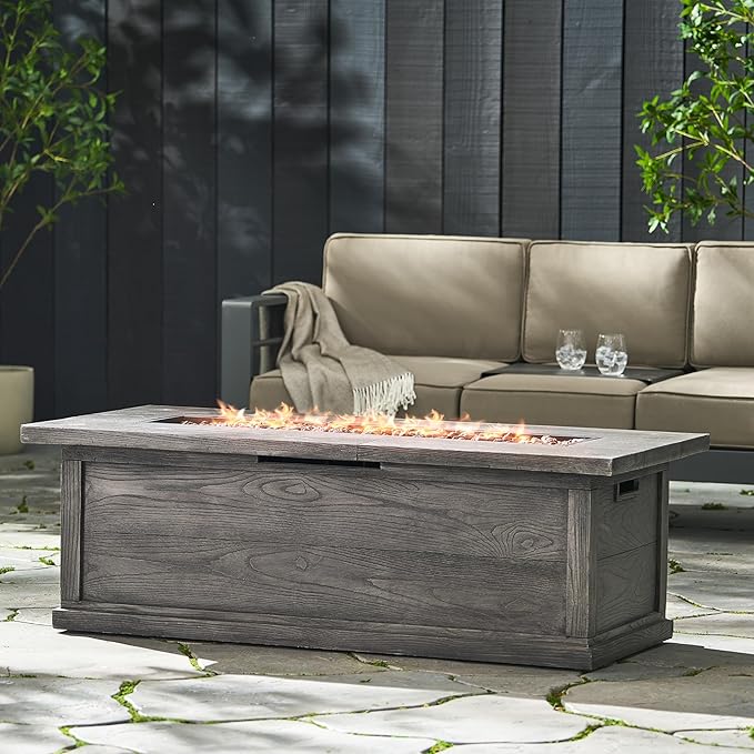 Outdoor Propane Fire Pit Table for Outside Patio, 56 Inch Concrete Fire Pit Table, Rectangle Gas Fire Pit for Garden, Pool, Backyard, 50,000 BTU, Free Lava Rocks, Gray Wood Pattern