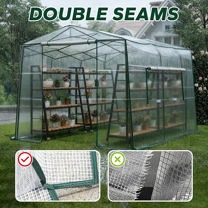11.5x8.5x7.4 ft Walk-in Greenhouse, Portable Plant Hot House with Zipper Windows & Doors, PE Cover & Steel Frame, for Garden, Backyard