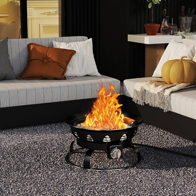 Tangkula Propane Fire Pit, 21 Inch Diameter Patio Portable Fire Bowl with Cover, Igniter & Tank Base Holder, 58,000 BTU Outdoor Gas Firepit with Lava Rock for Camping, Patio, Beach