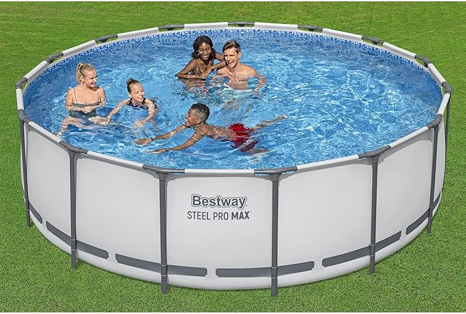Bestway Steel Pro MAX 15' x 48" Above Ground Pool, Round Metal Frame Outdoor Swimming Pool Set with Filter Pump, Ladder, and Cover, Gray