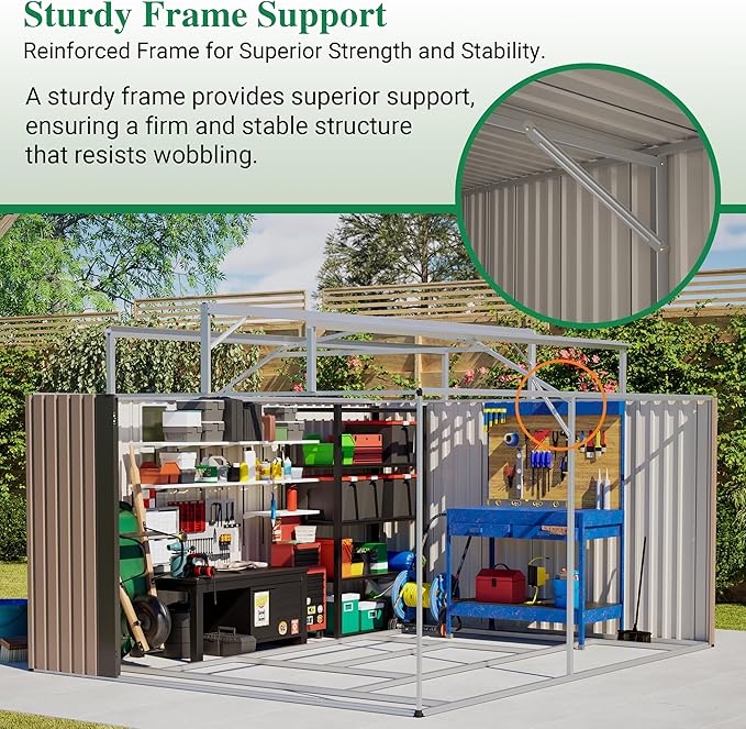Outdoor Storage Shed, 10 X 12 FT Large Metal Utility Tool Sheds with Floor Frame & Windows, Steel Garden Shed with Updated Frame Structure for Backyard Patio Lawn, Brown