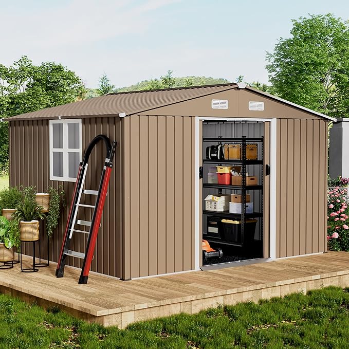 10x8FT Outdoor Storage Shed with Floor & Lockable Sliding Doors,Metal Storage Shed with 1 Air Vents,Waterproof Garden Shed for Backyard,Patio, Lawn,(Brown,Base Included)
