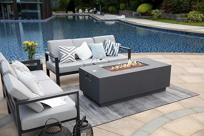 AMS Creations | Sedona Fire Pit Table with Pull-Out Propane Tank Storage Drawer | Concrete Rectangular Propane Fire Pit | Modern Outdoor Furniture | Lava Rock and Fabric Cover Included. (Dark Grey)