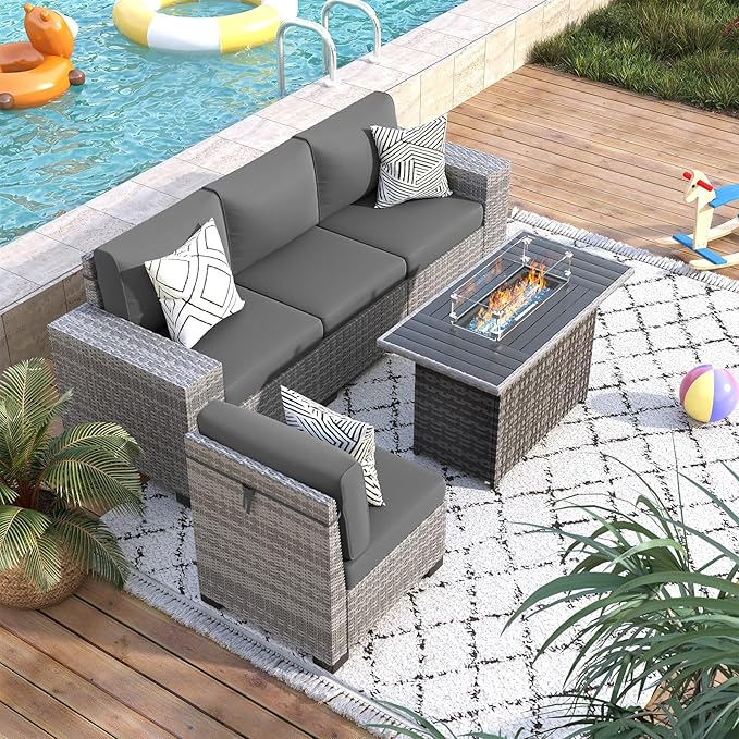 5 Piece Patio Furniture Set with Fire Pit Table, Outdoor Conversation Sets Grey Wicker Rattan Sectional Sofa, 4'' Thickened Cushion Dark Grey (Include Waterproof Cover)