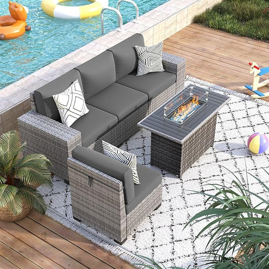 5 Piece Patio Furniture Set with Fire Pit Table, Outdoor Conversation Sets Grey Wicker Rattan Sectional Sofa, 4'' Thickened Cushion Dark Grey (Include Waterproof Cover)