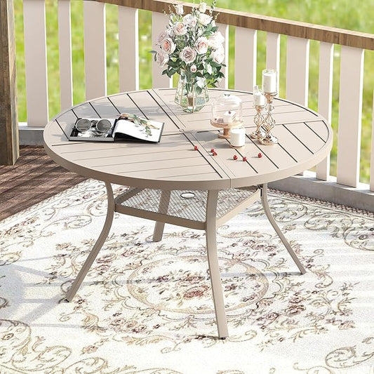 VICLLAX Round Patio Table with Adjustable Umbrella Hole for 4, All Weather Metal Outdoor Dining Table for Lawn Garden, 40.6" Outdoor Coffee Table, Cream Color Frame