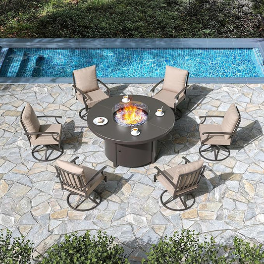 7 Pieces Patio Furniture Set with Round Fire Pit Table, Outdoor Conversation Sets 6 Swivel Chairs with Upgrade Cushions for Patio, Backyard Brown