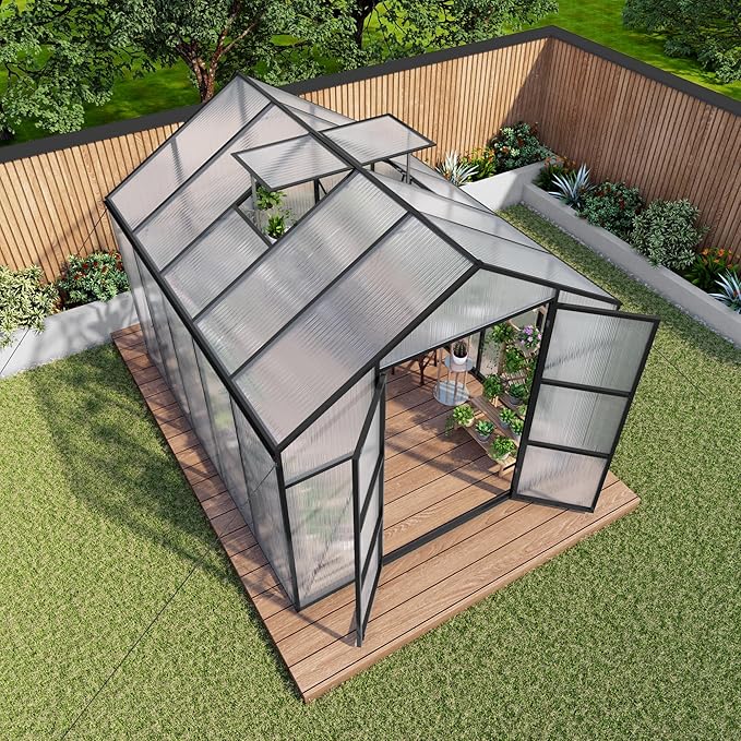 KEIKI 8x10 FT Polycarbonate Greenhouse for Outdoors, Durable Aluminum Walk-in Greenhouse with Gutter Drainage & Tall Growing Space for Plants, Black
