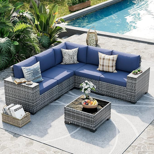 UDPATIO Patio Furniture Set, 8 Inch Armrest Outdoor Sectional Sofa, 6 Piece Wicker Outdoor Furniture Conversation Sets with Waterproof Cover and Coffee Table for Backyard Deck(Grey/Navy Blue)
