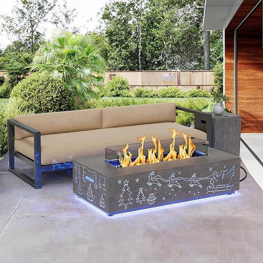 Dineli Propane Fire Pit Table 42 Inch Gas Fire Pits & Outdoor Fireplaces, Tabletop Fire Pit Firepits for Outside Patio, 50,000 BTU (Gray, Christmas Pattern with RGB Light)