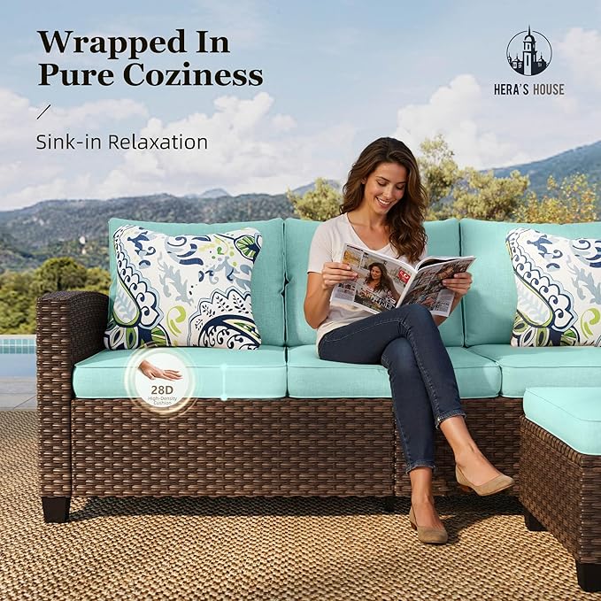 HERA'S HOUSE Patio Furniture Set with Swivel Glide Chairs, Outdoor Sectional Sofa Set, 7 Pieces Patio Conversation Sets for Lawn Backyard Deck, Brown/Blue