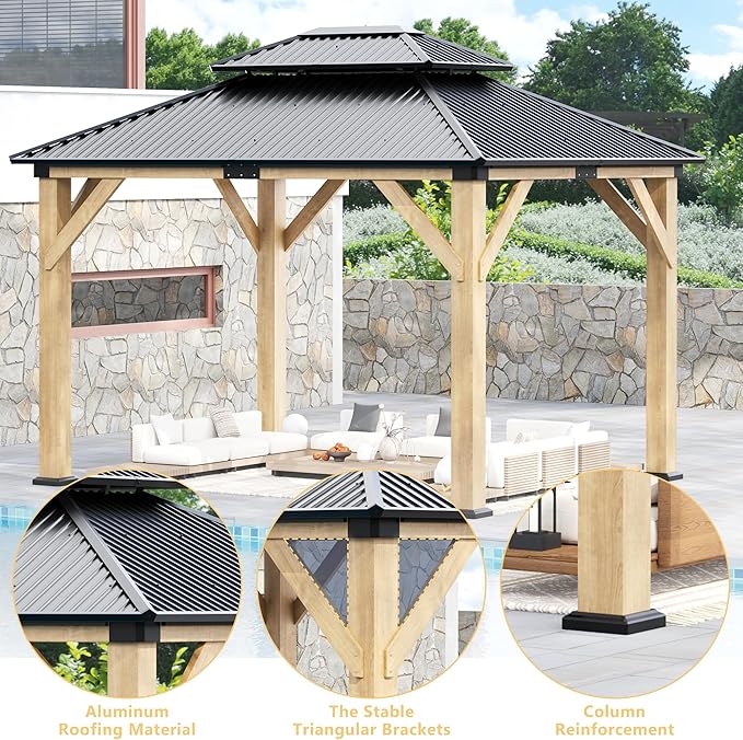ROCSUMOO 13'x 15' Outdoor Wooden Gazebo, Patio Hardtop Gazebos with Double Roof, Double Galvanized Steel Hardtop Roof Wood Frame with Netting and Curtains (13'x 15')