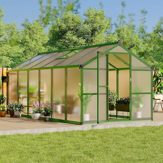 Greenhouse, 8x12 FT Greenhouse for Outdoors, Walk-in Green House with Ground Nails and Vent Windows, Sliding Lockable Door, Polycarbonate Greenhouses for Outside Garden Backyard, Quick Setup, Green