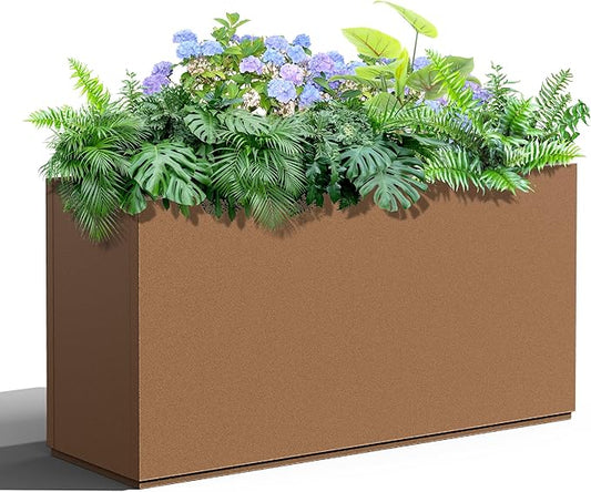 Metal Planter Box Rectangular Planter Box with Drainage Hole, Outdoor Large Planters, All-Weather Use, Rust-Resistance, for Flowers Plants, 32" L × 10" W × 16.3" H, Brown