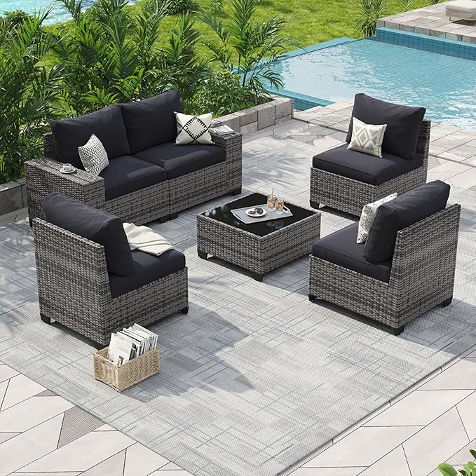 Aoxun Patio Furniture Set, 6 Pcs Outdoor Patio Furniture Sets with 4in Thicken Cushion, Widen Armrests Wicker Outdoor Sectional for Backyard (Include Waterproof Cover)