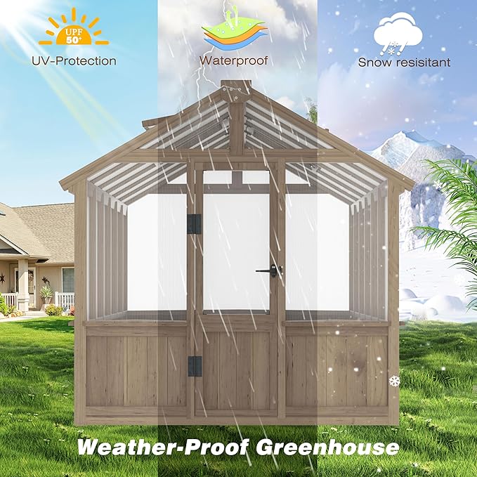 Mupater 6'x12' Wooden Polycarbonate Greenhouse,Outdoor with Ventilated Window and Lockable Door, Walk-in Greenhouse for Backyard, Patio, Lawn, Brown