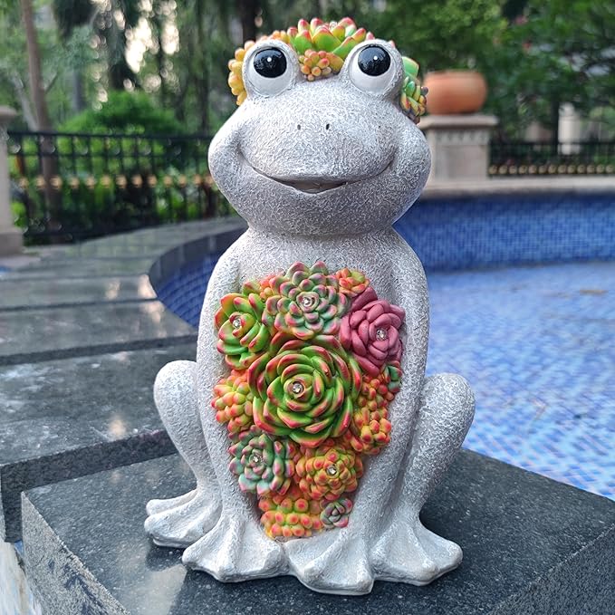 VIOYOUNS Large Frog Solar Garden Outdoor Statues with Succulent and 8 LED Lights,Outside Solar Frog Art Decor for Lawn,Yard, Balcony Ornament