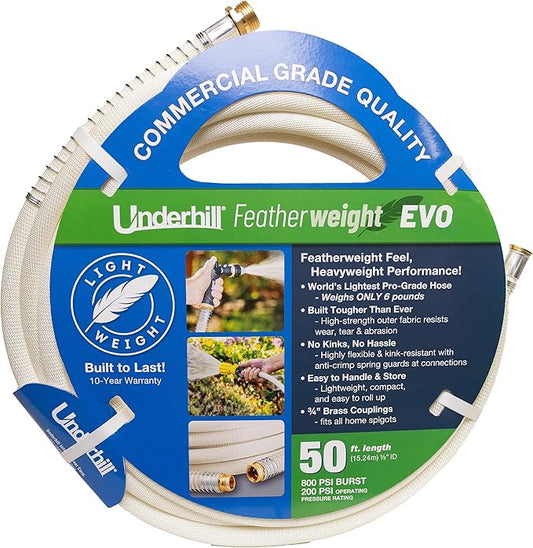 Featherweight EVO Lightweight Fabric Garden Water Hose for Outdoors, Yard, Kink-Resistant, Flexible, Weighs 5 Pounds, 200 PSI Working Pressure, 800 PSI Burst Pressure, 50 ft Long, White