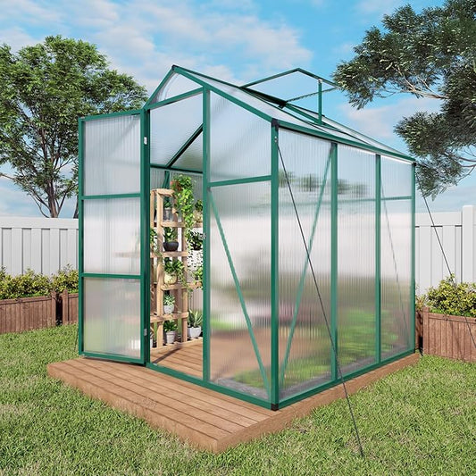 Greenhouse for Outdoors 6.1x6.1x7.2 FT, Polycarbonate Greenhouses with Roof Vent, Lockable Door and Ground Nails, Heavy-Duty Aluminum Walk-in Green House, Large Sunroom for Garden, Green